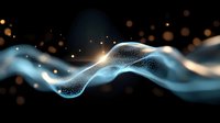 Glowing blue wave with sparkling particles flows against dark background creating ethereal atmospheric effect with golden bokeh lights and dynamic motion.