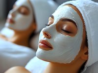 Young Asian woman relaxing with white clay facial mask and towel at luxury spa. Wellness and skincare treatment for glowing, rejuvenated complexion.