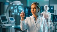 Female doctor interacting with futuristic holographic medical interface displaying human anatomy and molecular structures in modern laboratory.