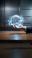 Businessman holding glowing holographic sphere with compliance framework and regulatory data charts, symbolizing digital governance.