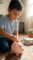Young Hispanic boy putting coin into pink piggy bank at home learning about money saving and financial literacy for children.