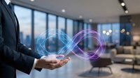 Businessman holding glowing infinity symbol with blue and purple light trails in modern office space, representing technology and innovation.