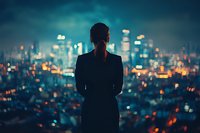 Silhouette of businesswoman looking at night city skyline with glowing lights, urban landscape view from above, concept of ambition and opportunity.