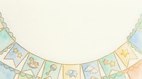 Young child's nursery bunting banner with pastel watercolor flags featuring gold stars, animals, and decorative elements on cream background, isolated for design use.