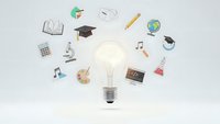 Light bulb surrounded by educational icons representing creative learning and academic innovation on white background.