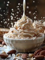 Creamy dessert topped with whipped cream and nuts in white bowl, pouring cream splash creates floating droplets against dark background, macro food photography.