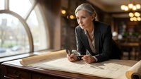 Professional blonde businesswoman in dark suit reviewing architectural blueprints at wooden desk in modern office with warm lighting and large windows.