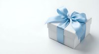 White gift box with elegant blue satin ribbon and bow on clean background for celebrations, holidays, birthdays, and special occasions.