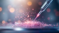 Glowing pink particles scatter from glass pipette tip on dark background with bokeh effect, creating magical scientific atmosphere for laboratory research.
