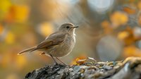 Small brown bird perched on rocky surface against blurred autumn background with golden bokeh lights, showcasing wildlife in natural habitat.