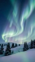Spectacular aurora borealis dancing across starry night sky above snow-covered evergreen forest creating magical winter landscape for nature photography.