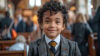 Young African American boy in formal grey suit and tie smiling confidently at camera in blurred indoor setting with warm lighting and people in background.