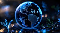 Glowing digital Earth globe with plant sprouts on dark background, symbolizing environmental technology and sustainable future.
