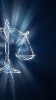 Glowing scales of justice constellation with sparkling particles on dark blue background for legal and law firm concepts.