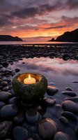 Candle burning in stone holder on pebble beach at sunset with dramatic orange purple sky reflecting in calm water for meditation and relaxation concepts.