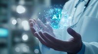 Medical professional holding glowing AI symbol with blue particles and bokeh effects, representing artificial intelligence in healthcare and modern medical technology.