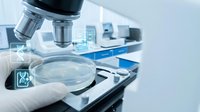 Laboratory microscope with petri dish and gloved hands conducting scientific research analysis in modern medical facility for healthcare diagnostics.