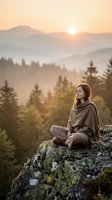 Young woman meditating on mountain rock at sunrise with misty forest valley and golden light creating peaceful wellness atmosphere for mindfulness practice.