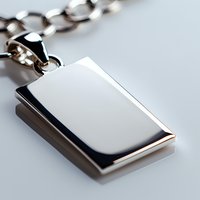 Polished silver rectangular pendant on chunky chain necklace against light background, showcasing minimalist jewelry design with clean lines and reflective surface.