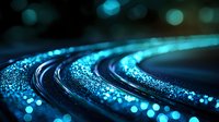 Glowing curved path with magical blue sparkles and bokeh lights against dark background creates mystical atmosphere for fantasy designs and backgrounds.