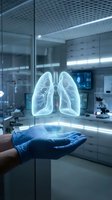 Holographic lungs floating above gloved hand in modern medical laboratory for respiratory health research and pulmonology education concepts.