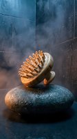 Wooden massage brush resting on a smooth stone in a steamy spa atmosphere, evoking relaxation, body care, and wellness rituals.