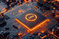 Glowing VPN symbol on computer processor chip with orange light effects on dark circuit board background, representing digital security and data protection.