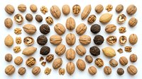 Assorted walnuts in shells and halves arranged on white background. Healthy nuts collection for cooking, baking and snacking. Natural organic food ingredients.