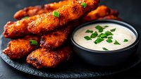 Crispy golden chicken wings with herbs served alongside creamy dipping sauce on dark slate plate for restaurant menu and food photography.