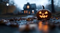 Glowing jack-o-lantern pumpkin with carved face sits on autumn leaves at dusk with spooky house in background for Halloween celebration and seasonal decor.