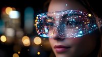 Young Asian woman wearing futuristic smart glasses with glowing digital interface display and bokeh lights reflecting on lens surface against dark background.
