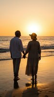 Senior couple holding hands walking on beach at sunset with golden sky and ocean waves reflecting warm light creating romantic silhouette scene.