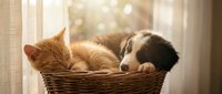 Adorable orange kitten and puppy sleeping peacefully together in wicker basket by sunny window. Friendship, companionship, pets, home comfort concept.