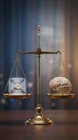 Golden scales of justice balancing computer processor chip and human brain representing technology versus humanity decision making concept.
