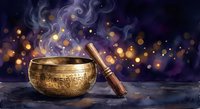 Golden singing bowl with wooden mallet surrounded by mystical purple smoke and glowing bokeh lights creating spiritual meditation atmosphere.