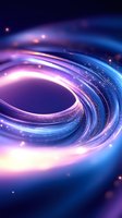 Abstract spiral light waves in blue and purple colors with glowing particles create dynamic motion effect against dark background. Suitable for tech designs.