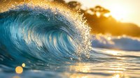 Powerful ocean wave curling at golden sunset, with water droplets spraying from crystal clear turquoise crest against dramatic orange sky and sunlight bokeh reflections.