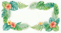Tropical frame with monstera leaves, palm fronds and hibiscus flowers on white background. Summer botanical border for invitations and greeting cards.