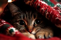 Adorable tabby kitten with bright green eyes peeking out from cozy red and green Christmas blanket, perfect for holiday greeting cards and seasonal marketing.