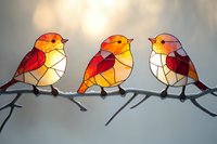 Stained glass style birds perched on branch, geometric mosaic design in warm red and orange tones against soft bokeh background. Decorative art pattern.