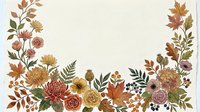 Autumn floral border with roses, chrysanthemums, maple leaves, and berries in warm earth tones on a light background with copy space.
