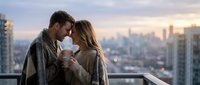 Couple sharing intimate moment on high-rise balcony at sunset with urban skyline backdrop. Man and woman embracing while wrapped in blanket, romantic scene for relationship and lifestyle content.