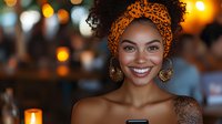 Young African American woman with bright smile wearing orange headwrap and gold hoop earrings against warm bokeh background with candlelight creating cozy evening ambiance.
