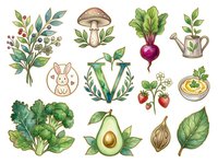 Organic garden vegetables and herbs isolated on white background, including mushroom, radish, strawberry, avocado, broccoli, onion and leafy greens. Ready for culinary, gardening and healthy eating design projects.