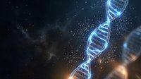 DNA double helix structure floating in cosmic space with glowing blue light effects and starfield background for genetic research and biotechnology.