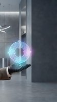 Businessman hand presenting glowing circular arrows hologram in modern office interior representing recycling sustainability and business innovation concept.