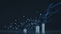 Glowing particles and smoke emerging from ascending white bars on dark background, creating futuristic data visualization effect for business analytics.