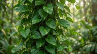 Lush green pothos vine climbing up tree trunk in tropical forest setting with dense foliage creating natural jungle atmosphere for botanical decor.