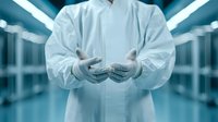 Medical professional in protective suit and gloves standing in hospital corridor with dramatic lighting, demonstrating safety protocols during pandemic response.