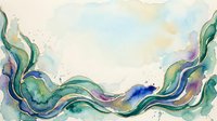 Watercolor abstract flowing waves with organic curved shapes in green, blue, purple, and gold tones on light background. Artistic design element.